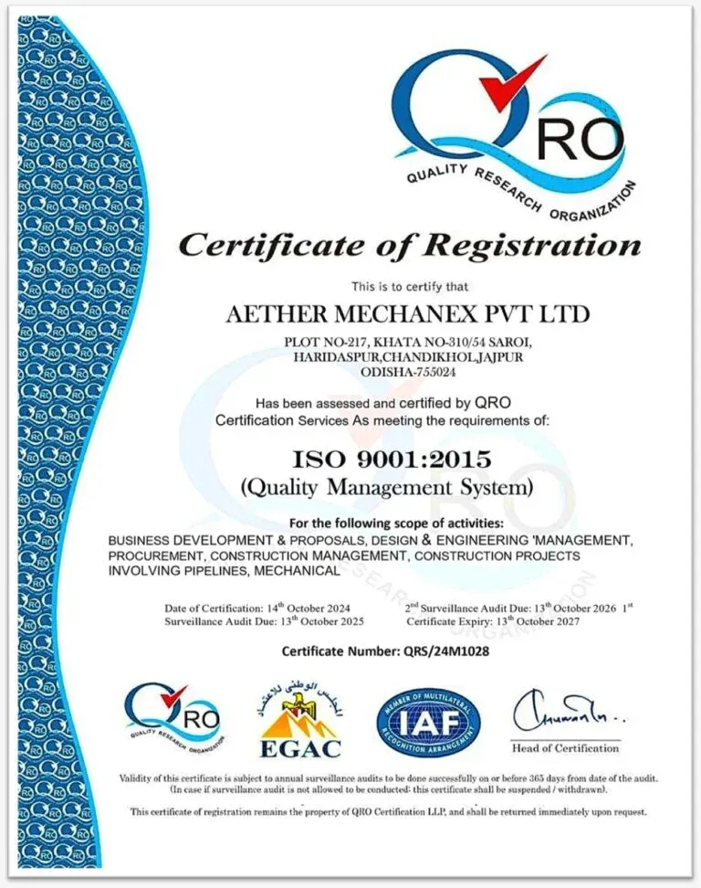ISO 9001:2015 Certificate of Registration for Aether Mechanex Pvt Ltd