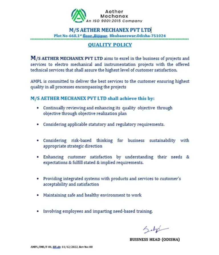 Corporate Quality Policy Document of Aether Mechanex Pvt Ltd